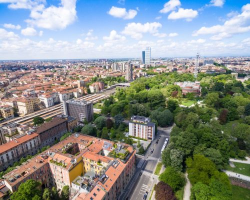 Aerial view of Sempione park in Milan, Italy
